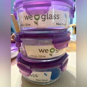 Wean Green Glass Meal Bowls with purple Lids 3pk 22oz freezer, dishwasher safe
